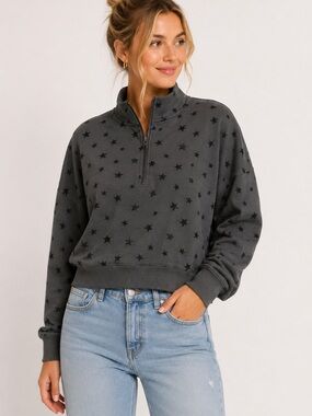 Lou & Grey Signature Soft Women’s Oversized Gray Star Quarter Zip Pullover SizeS